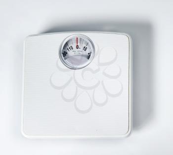 Overhead view of a white bathroom scale
