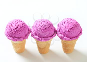 Three berry ice cream cones - studio shot