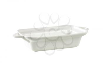 Deep rectangular white ceramic dish with handles