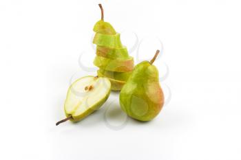 whole, halved and sliced pears on white background