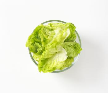Fresh little gem lettuce leaves in glass bowl