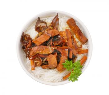 meat and mushroom stir fry served with rice noodles