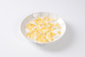 plate of corn flakes with fresh milk on off-white background with shadows
