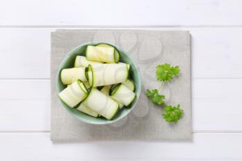 bowl of raw zucchini strips on beige place mat