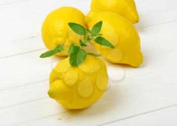 fresh juicy lemons on white wooden background - close up