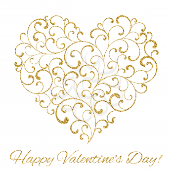 Happy Valentine's day! Heart created of tracery with gold glitter on a white background
