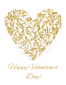 Card - Happy Valentine's day! Heart created of flowers with gold glitter