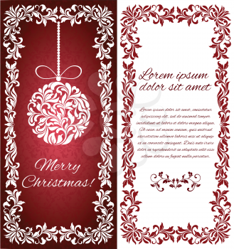 Vector elegant Greeting card with Christmas ball from abstract flower ornament and floral frame. There is a place for text.