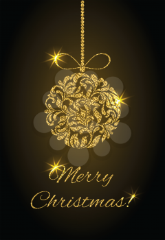 Elegant Greeting card. Merry Christmas! Christmas ball from abstract floral ornament with golden glitter