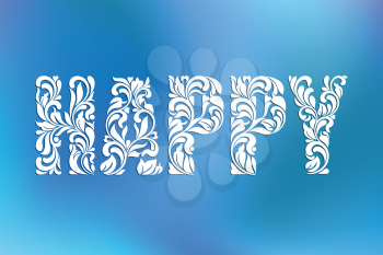 Word HAPPY! Decorative Font with swirls and floral elements on a blue background