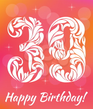Bright Greeting card Template. Celebrating 39 years birthday. Decorative Font with swirls and floral elements.