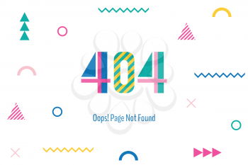 Page with a 404 error in the popular memphis style. Template reports that the page is not found. Digit and geometric elements isolated on white background