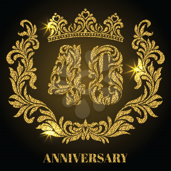 Anniversary of 40 years. Digits, frame and crown made in swirls and floral elements with gold glitter and sparkle