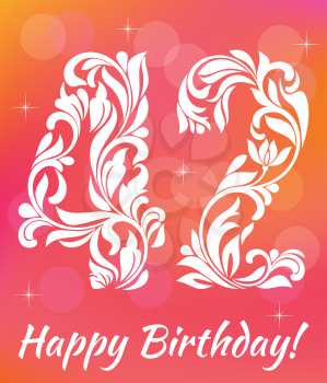 Bright Greeting card Template. Celebrating 42 years birthday. Decorative Font with swirls and floral elements.