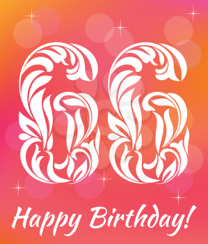 Bright Greeting card Template. Celebrating 66 years birthday. Decorative Font with swirls and floral elements.