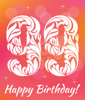 Bright Greeting card Template. Celebrating 99 years birthday. Decorative Font with swirls and floral elements.