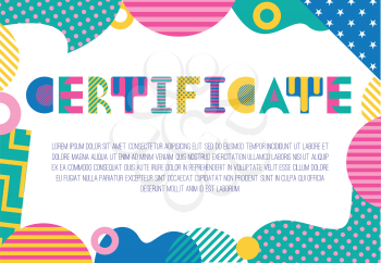 CERTIFICATE. Trendy geometric font in memphis style of 80s-90s. Rectangular frame from abstract geometric elements