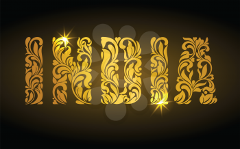 Inscription INDIA of floral decorative pattern. Golden letters with sparks on a dark background.