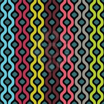 Vector seamless pattern. Abstract  geometric background of colored wavy bands with black stroke