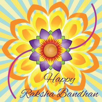 Happy Raksha Bandhan. Elegant greeting card with beautiful rakhi for Indian festival of brother and sister love, celebration. 