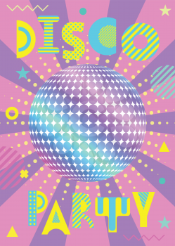 Banner for a party in the retro style. Trendy geometric font in memphis style of 80s-90s. Holographic Disco Ball with pink and lilac rays