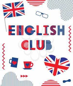 English Club. Trendy geometric font. Text, British flag, heart, cups, glasses, bow tie and geometric elements isolated on a white background. Memphis style of 80s-90s.