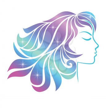 Profile of a young girl isolated on a white background. Multi-colored hair with stars. Holographic effect