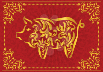 Pig, symbol on the Chinese calendar. Stylized golden pig made of floral ornament. Red background with a pattern and a gold frame. Suitable for greeting card, banner, poster