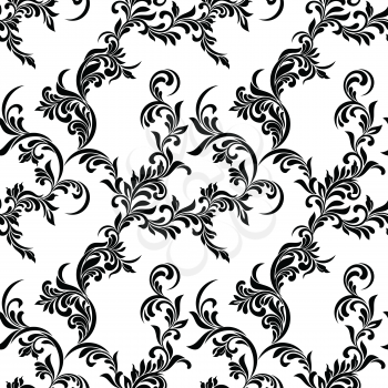 Vintage seamless pattern. Black luxurious Vegetative tracery of stems and leaves isolated on a white background. Ideal for textile print, wallpapers and packaging design