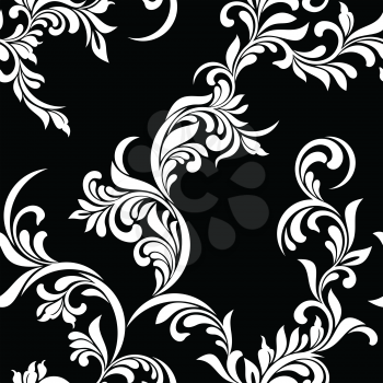 Vintage seamless pattern. White luxurious Vegetative tracery of stems and leaves on a black background. Ideal for textile print, wallpapers and packaging design