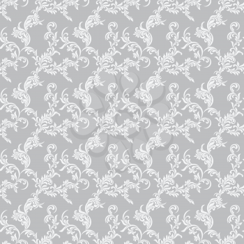 Vintage seamless pattern. White luxurious Vegetative tracery of stems and leaves isolated on a gray background. Ideal for textile print, wallpapers and packaging design