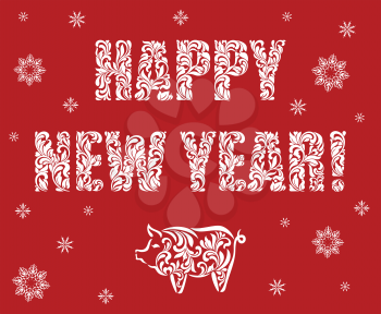 Pig, symbol on the Chinese calendar. Happy new year. Text and pig made of floral ornament on a red background. Suitable for greeting card, banner, poster
