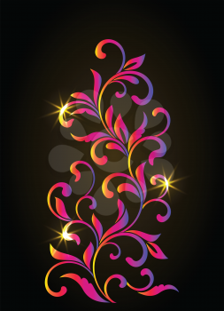 Color Decorative floral element with swirls and leaves on a dark background. Ideal for stencil. Vintage style. 