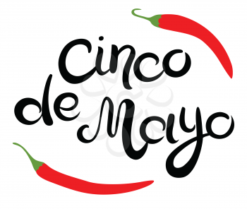 Cinco de Mayo glittering lettering design. Hand drawn Inscription and two chili peppers isolated on the white background