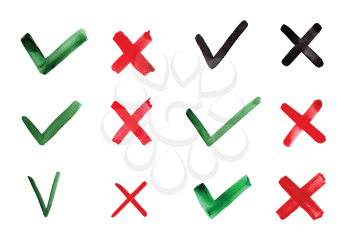 Hand drawn Tick and Cross. Check marks indication for concept yes and no. Vector graphic elements isolated on white background