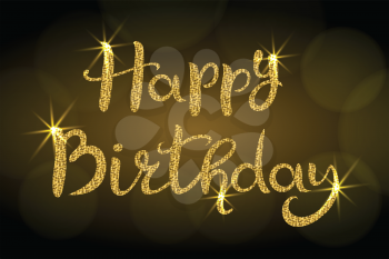Happy Birthday. Lettering. Hand drawn Inscription with golden glitter. Dark background with bokeh. Suitable for banner or poster