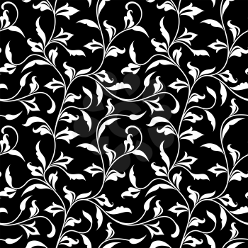 Seamless pattern. Thin delicate twigs with decorative leaves on black  background. Luxurious texture for print, wallpaper, home decor, textile, package design