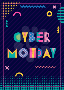 Banner CYBER MONDAY. Trendy geometric font in memphis style of 80s-90s. Text and abstract geometric shapes on striped dark blue background