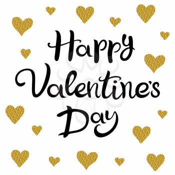 Happy Valentines Day. The inscription isolated on a white background with golden hearts. Suitable for greeting card, banner, poster