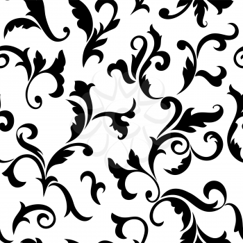 Vintage seamless pattern. Black luxurious Vegetative tracery of stems and leaves isolated on a white background. Ideal for textile print, wallpapers and packaging design