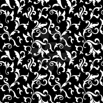 Vintage seamless pattern. White luxurious vegetative tracery of stems and leaves isolated on a black background. Ideal for textile print, wallpapers and packaging design