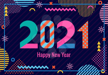 Stylish greeting card. Happy New Year 2021. Trendy geometric font in memphis style of 80s-90s. Digits and abstract geometric shapes on striped dark blue background