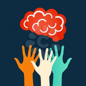 Hands reaching for the brain. Vector design.