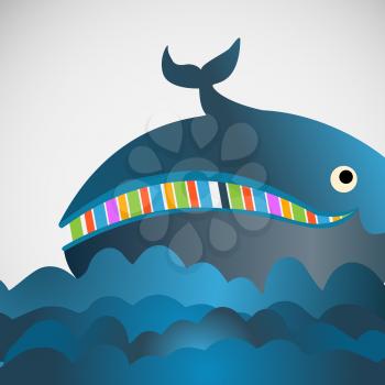 Colorful vector cheerful whale in the sea.