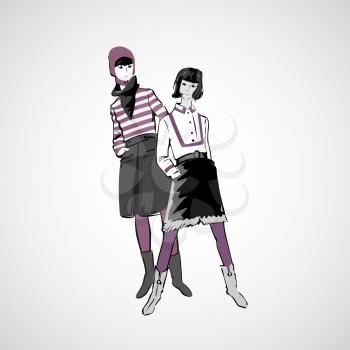Vector sketch girls in fashion clothes eps.