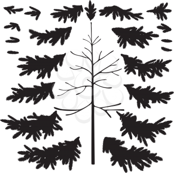 Christmas Fir Tree Trunk and Branches Black Silhouettes Set Isolated on White Background. Vector