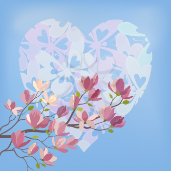 Background for the Valentines Day Holiday, Spring Magnolia tree Branch with Flowers Against The Blue Sky and the Heart of Silhouettes Butterflies. Eps10, Contains Transparencies. Vector