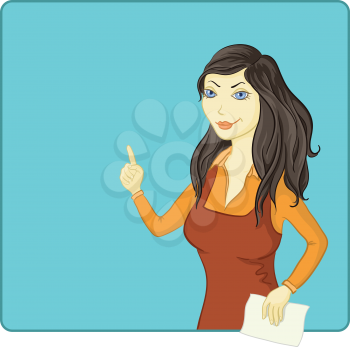 Blue-Eyed Brunette Girl in Red and Orange Dress Points at the Background. Vector