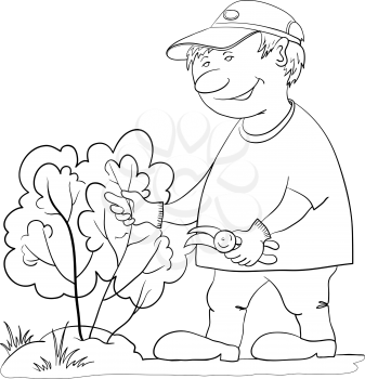 Man gardener works in a garden, cuts a bush with secateurs, contour. Vector