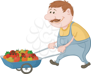 Men gardener driven truck with fresh tomatoes and peppers. Vector illustration